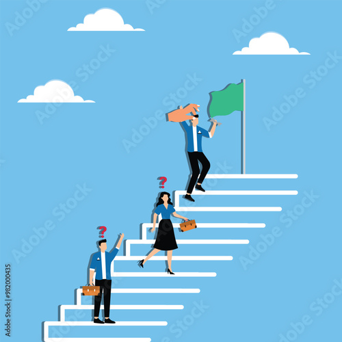 Unfair treatment at work, double standards, cheating on job positions by using connection, favoritism or discrimination concept, Manager hand helping employee overtake colleagues to top of stair