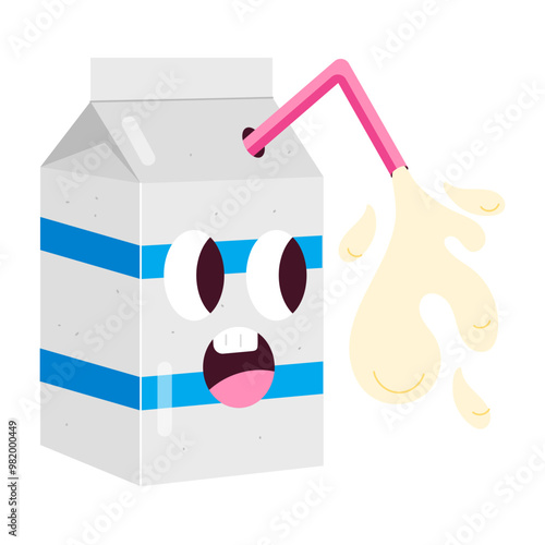 Flavoured milk box with straw and a cute emoji on it, flat sticker 