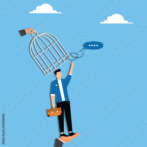 Freedom of thought from boss, giving more opportunity to express opinion, encouragement and support in workplace concept, Boss hand opening cage over businessman head to release thought bubble