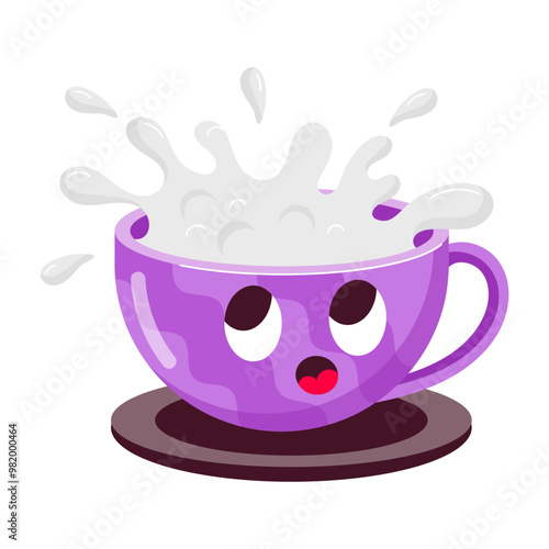 Comic style sticker of milk cup with emoji on it 