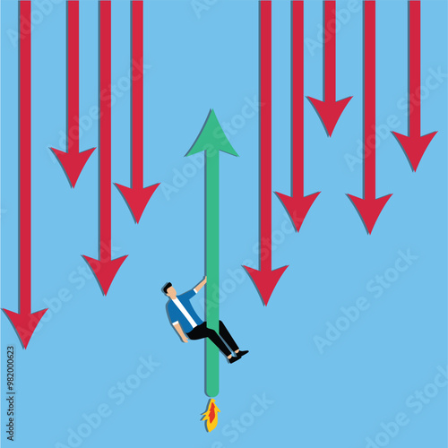 Seeking opportunity to grow even in economic crisis, business flair to survive, investment vision and risk management concept, Businessman clinging to up arrow among down arrows around