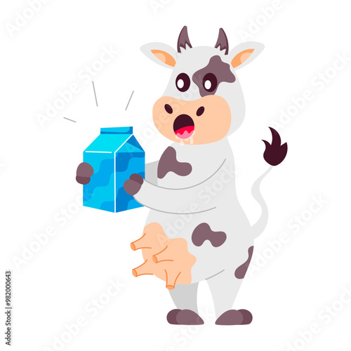 Cartoon style sticker of cute cow holding milk packet 