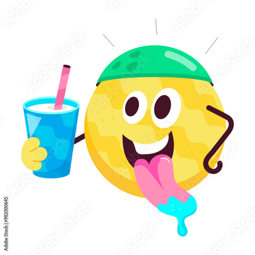 Cute mascot drinking milk from glass, flat sticker 