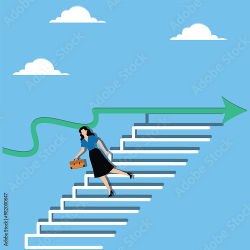 Changing career path due to no further career advancement, resignation from lack of growth opportunity, quitting job concept, Businesswoman stepping down stair from graph that stop growing