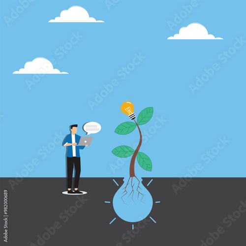 Developing originality, new creativity from original idea, inspiration to think forward concept, Businessman looking at new light bulb branch growing from light bulb tree