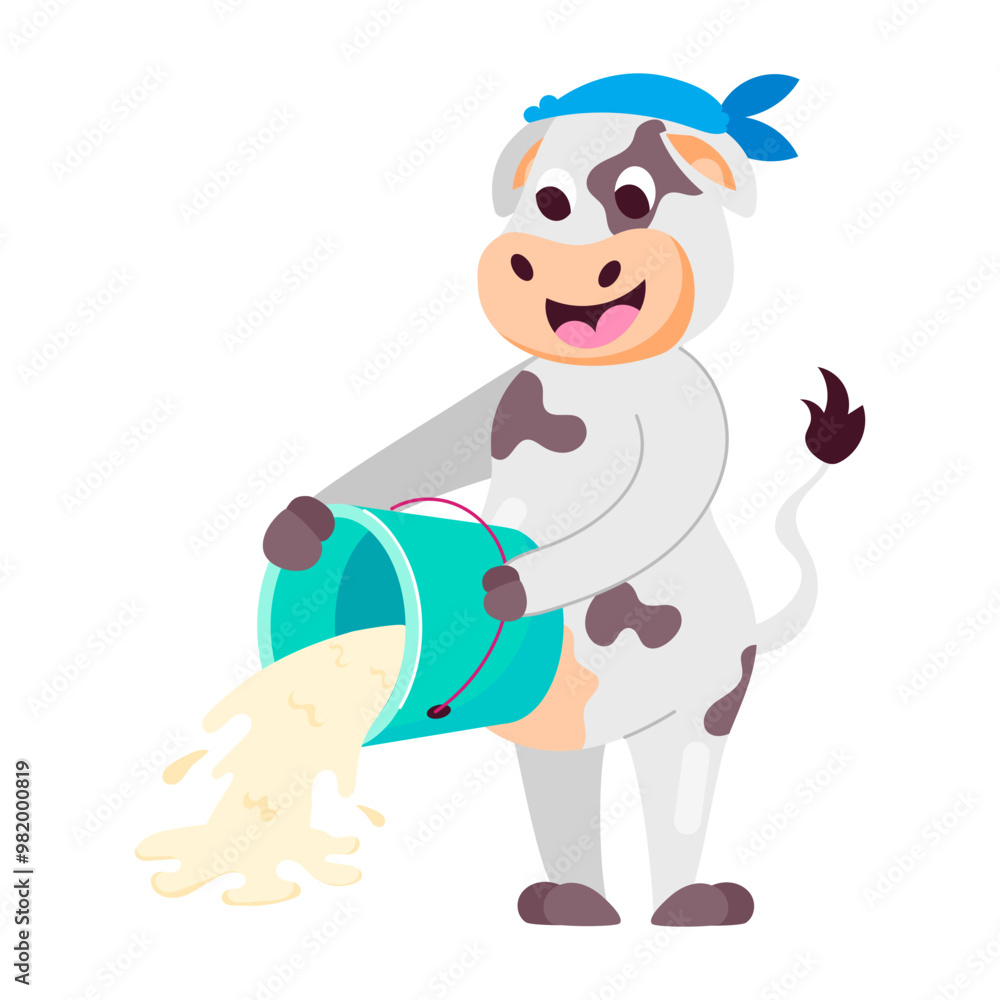 Cartoon style sticker of cow spilling milk Cartoon style sticker of cow spilling milk