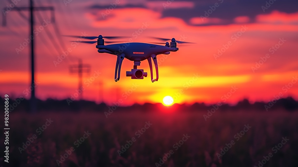 Drone flying in a field at sunset. Drone flying in a field at sunset.