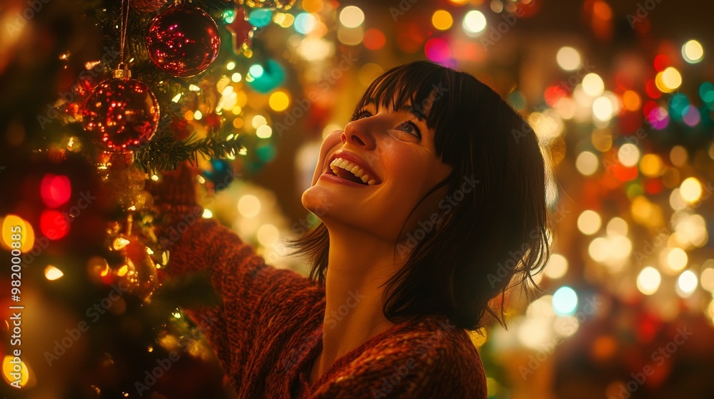 Woman Decorating Christmas Tree with Ornaments Amidst Twinkling Lights and Festive Bokeh Woman Decorating Christmas Tree with Ornaments Amidst Twinkling Lights and Festive Bokeh