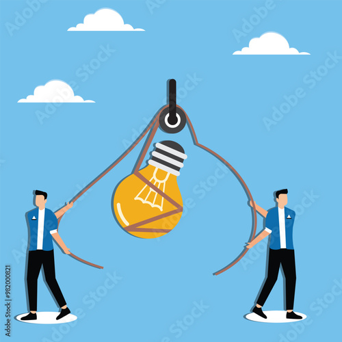 Scramble for business idea, intellectual property conflict, legal dispute regarding infringement of patent or trade secret concept, Businessmans dragging idea light bulb in opposite directions