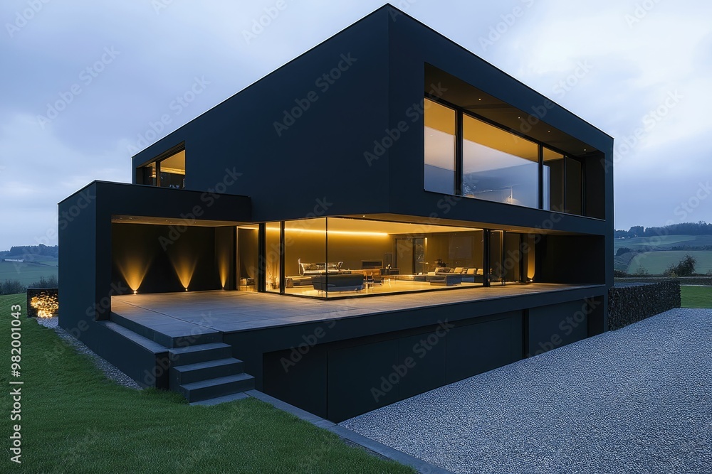 Modern black house with large glass windows and lighting. Modern black house with large glass windows and lighting.