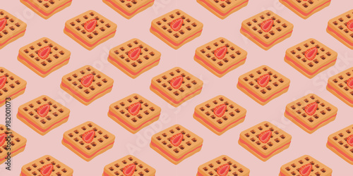 Seamless pattern with waffles and strawberries. Vector illustration of waffles, breakfast pastries, sweet snacks. Vector illustration