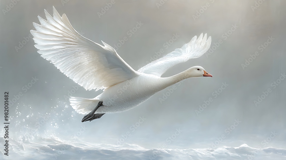 Fototapeta premium A white goose flies over a misty lake.