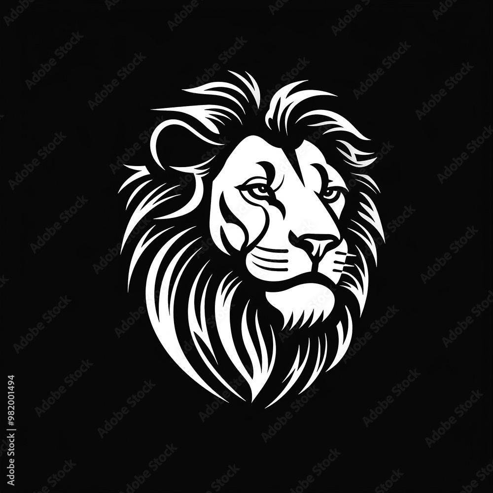 Stylized black and white illustration of a lion's head with a bold, fierce expression, emphasizing the mane and sharp details Stylized black and white illustration of a lion's head with a bold, fierce expression, emphasizing the mane and sharp details
