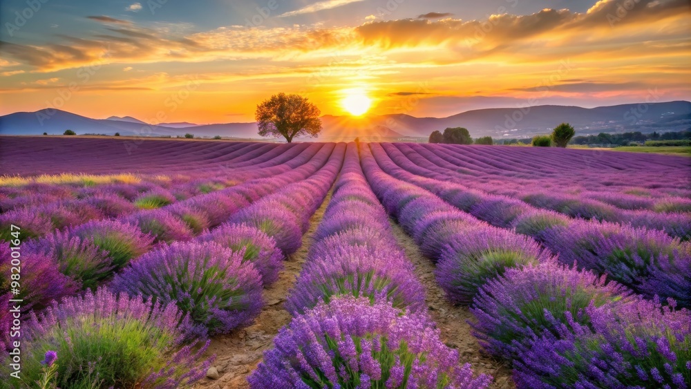 Fototapeta premium Blooming lavender in a field at sunset in Provence, France, lavender, field, sunset, Provence, France, nature, beauty