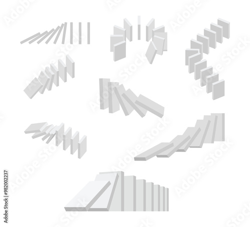Set of domino effect icon collection, Falling dominoes collapsing, dominoes pieces row falling. Business crisis management, finance intervention, conflict prevention, vector illustration.