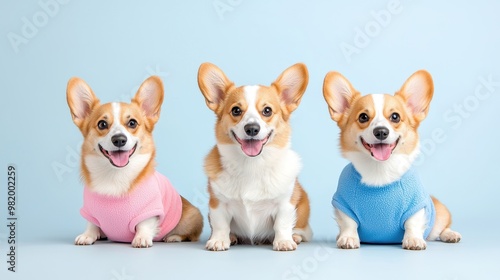 Adorable Corgis in Colorful Sweaters Against Blue Background