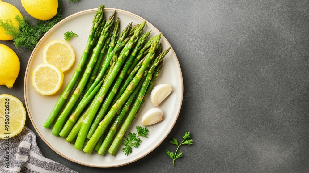 Freshly harvested asparagus with lemon slices and garlic cloves on a plate against a dark background. Freshly harvested asparagus with lemon slices and garlic cloves on a plate against a dark background.