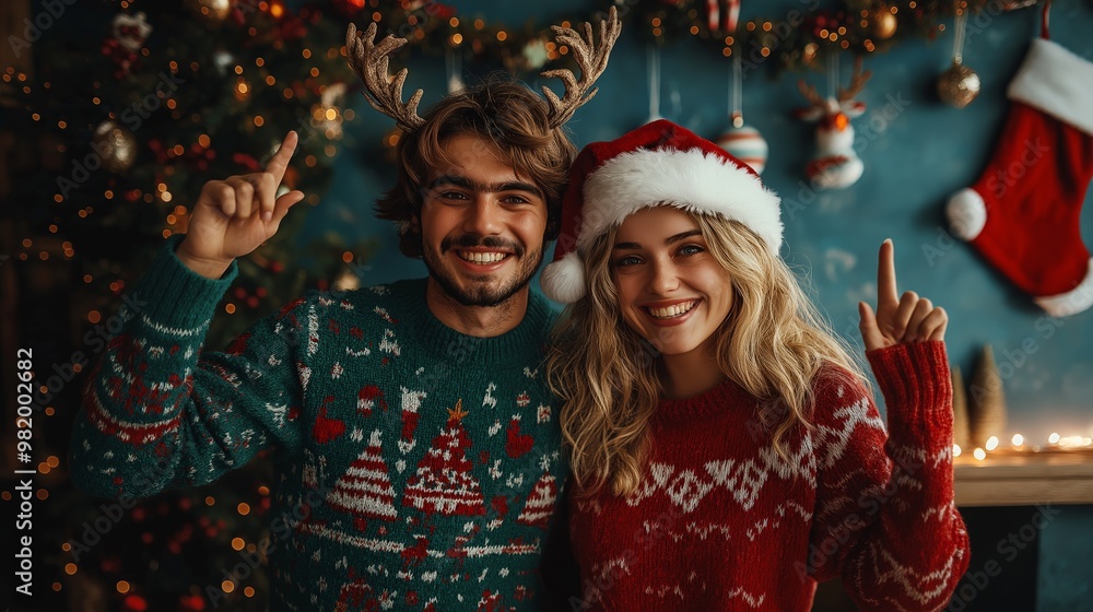 A cheerful couple in matching Christmas sweaters posing with reindeer antlers and Santa hat, celebrating the festive season in a cozy living room filled with holiday decorations. A cheerful couple in matching Christmas sweaters posing with reindeer antlers and Santa hat, celebrating the festive season in a cozy living room filled with holiday decorations.