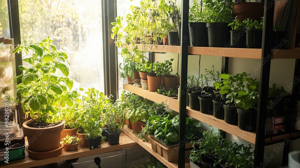 Windowsill Garden with Various Herbs and Plants in Pots Windowsill Garden with Various Herbs and Plants in Pots