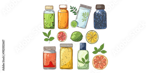 Set of multi-colored jars with medicines or care cosmetics, space for text, copy space