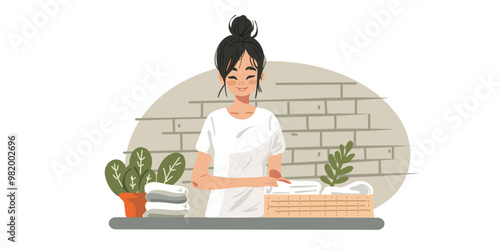 Woman housewife with laundry basket, housework, space for text, copy space, banner