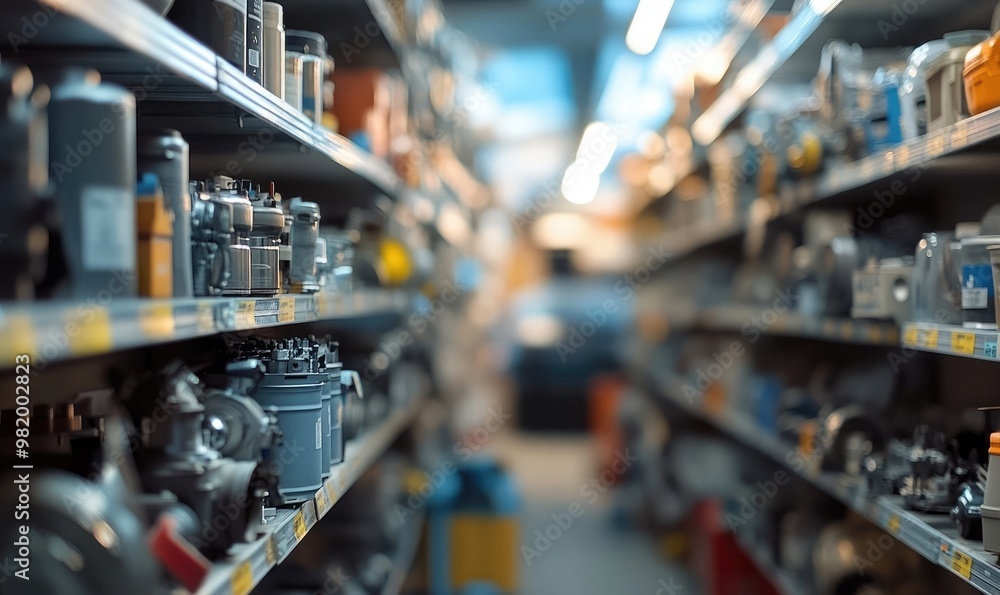 Obraz premium Blurred Shelves with Car Parts and Hardware in Auto Store Background