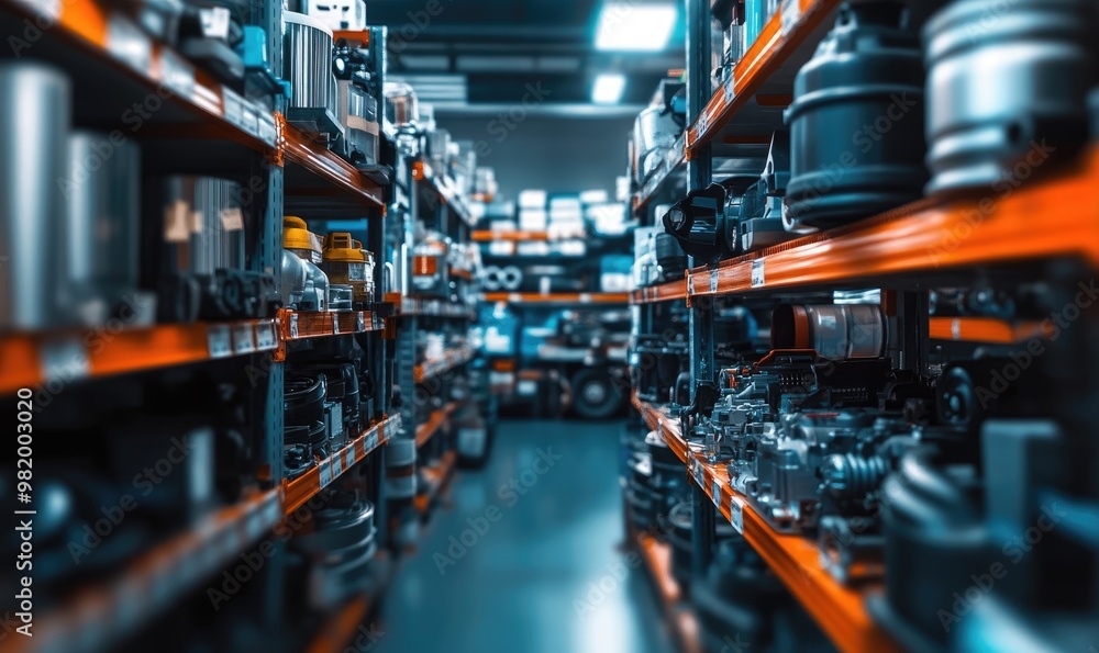Blurred Shelves with Car Parts and Hardware in Auto Store Background Blurred Shelves with Car Parts and Hardware in Auto Store Background