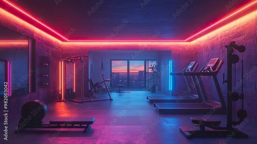 Neon Lit Home Gym with Futuristic Workout Gear and Advanced Exercise Equipment Neon Lit Home Gym with Futuristic Workout Gear and Advanced Exercise Equipment