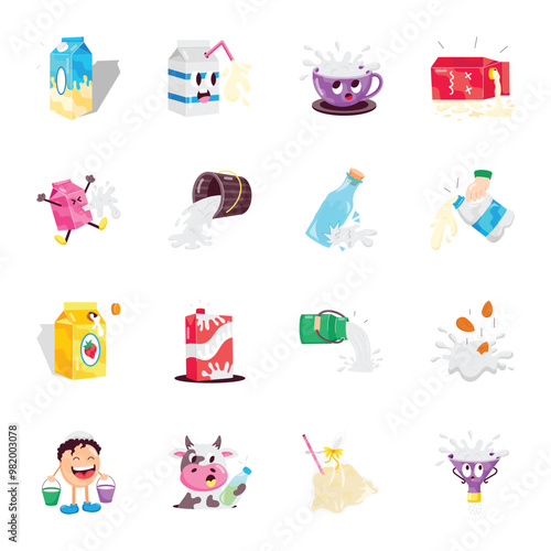 Basic RGBCute Pack of 16 Milk Cartoon Flat Stickers 