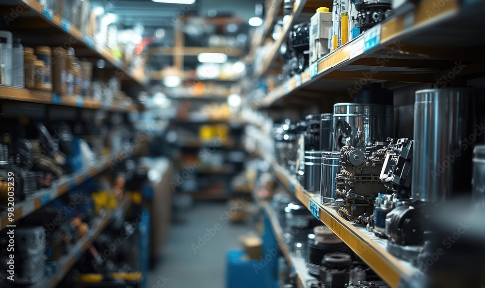 Blurred Shelves with Car Parts and Hardware in Auto Store Background Blurred Shelves with Car Parts and Hardware in Auto Store Background