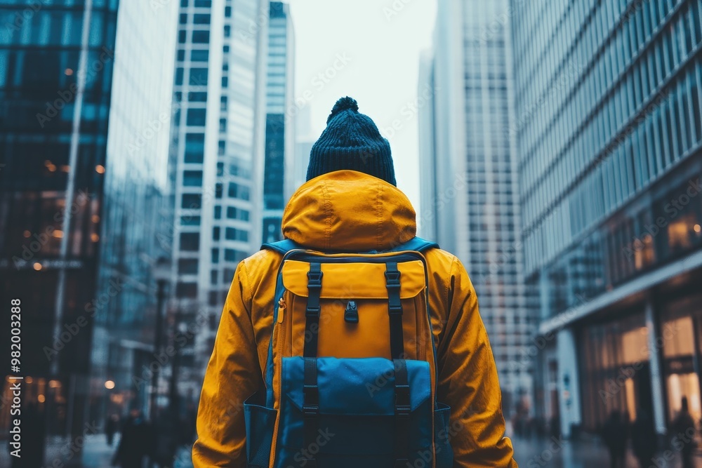 Person in yellow jacket walking through a cityscape. Person in yellow jacket walking through a cityscape.