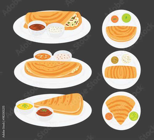 Set of masala dosa food collection, breakfast South Indian Food Dosa with Sambar and chutney on plate, Indian cuisine restaurant menu, isolated on black background, vector illustration.