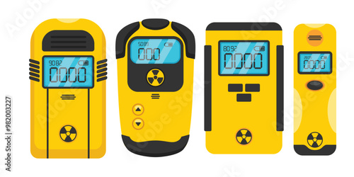 Set of dosimeter collection, dosimeter measuring gamma radiation, radiation detector, ionizing investigation terrain, Electronic atomic ray device with screen for toxic level caution radioactive zone.