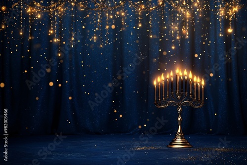 A glowing menorah stands against a dark blue velvet background with sparkling golden lights, creating a luxurious Hanukkah atmosphere photo