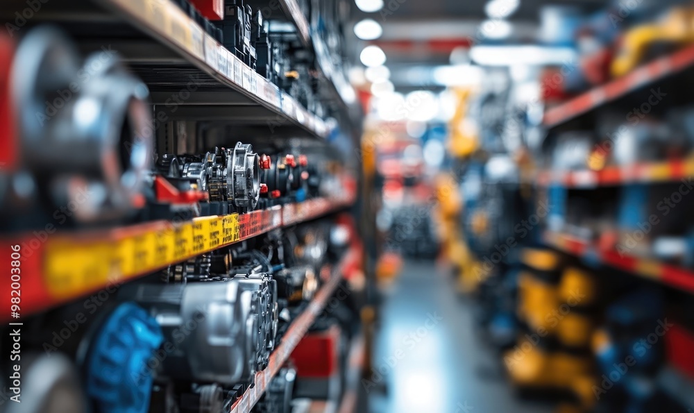 Blurred Shelves with Car Parts and Hardware in Auto Store Background Blurred Shelves with Car Parts and Hardware in Auto Store Background