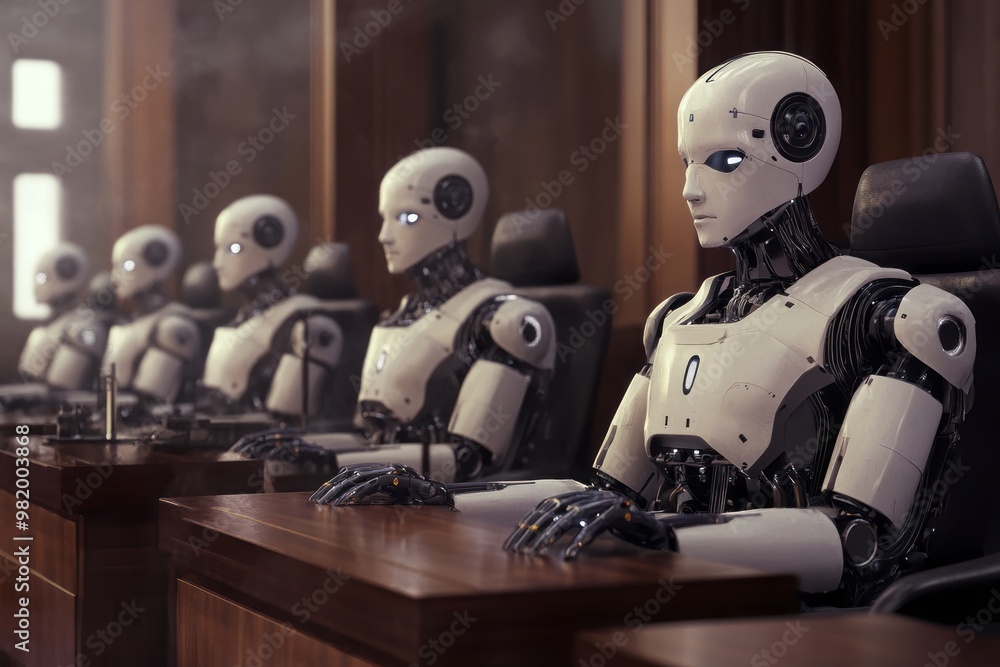 A futuristic courtroom where AI judges assist in making fair decisions A futuristic courtroom where AI judges assist in making fair decisions