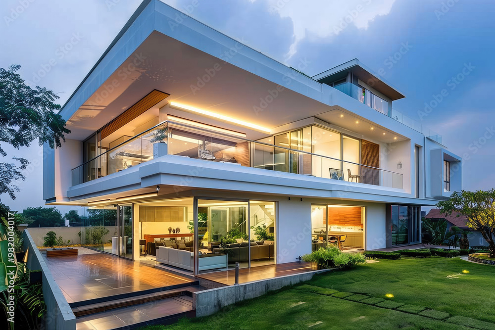 Fototapeta premium Luxury modern house with glass walls and minimalist architecture, featuring open spaces, elegant lighting, and a green landscaped garden. 