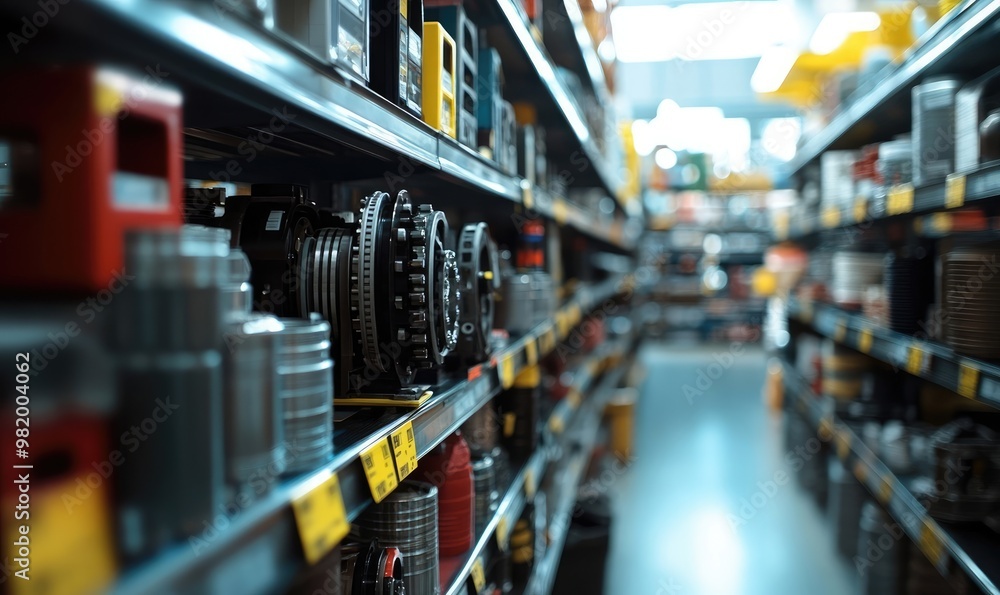 Blurred Shelves with Car Parts and Hardware in Auto Store Background Blurred Shelves with Car Parts and Hardware in Auto Store Background