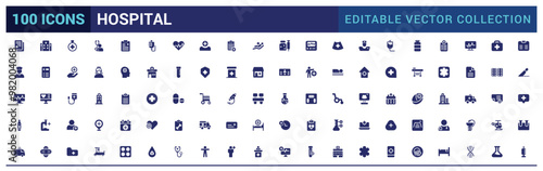 Set of hospital and medical icons. Solid symbol collection. Filled icon set, glyph for web and ui. Editable stroke. Solid icon set. Vector illustration.