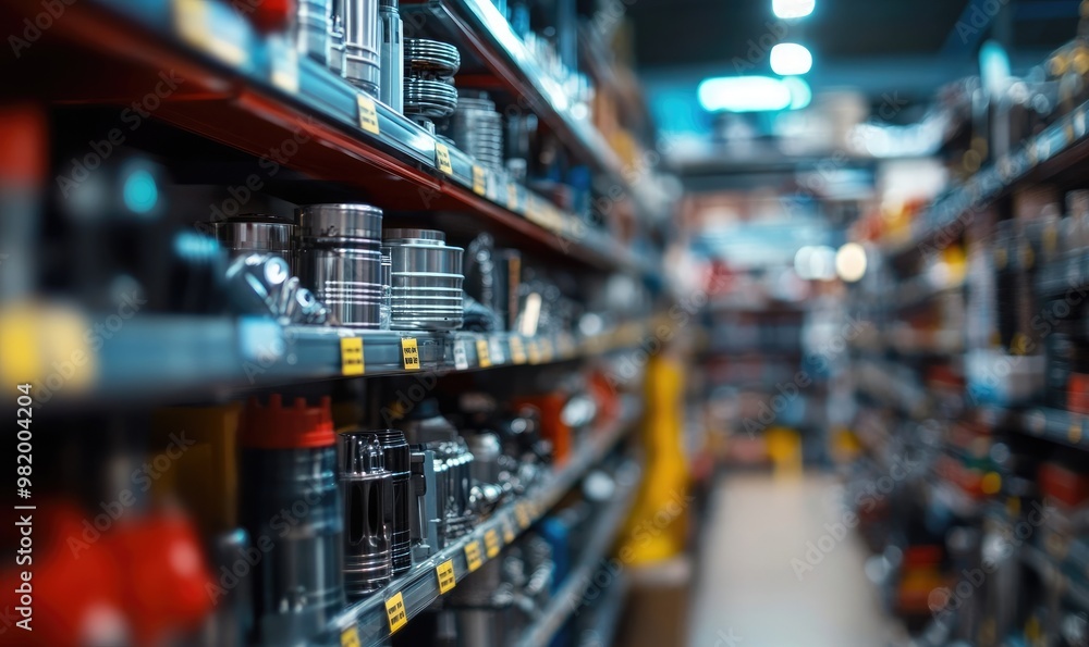 Blurred Shelves with Car Parts and Hardware in Auto Store Background Blurred Shelves with Car Parts and Hardware in Auto Store Background