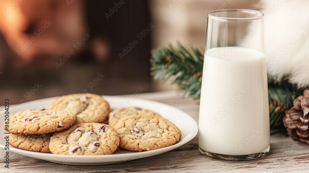 A plate of cookies and a glass of milk left out for Santa by the fireplace, cookies, milk, Santa A plate of cookies and a glass of milk left out for Santa by the fireplace, cookies, milk, Santa
