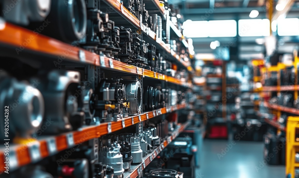Blurred Shelves with Car Parts and Hardware in Auto Store Background Blurred Shelves with Car Parts and Hardware in Auto Store Background