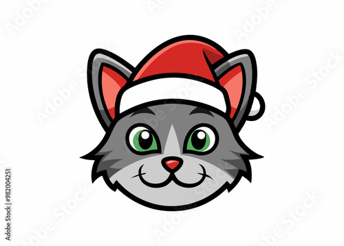 Cat Head with Santa Hat Logo, Icon on White Background 