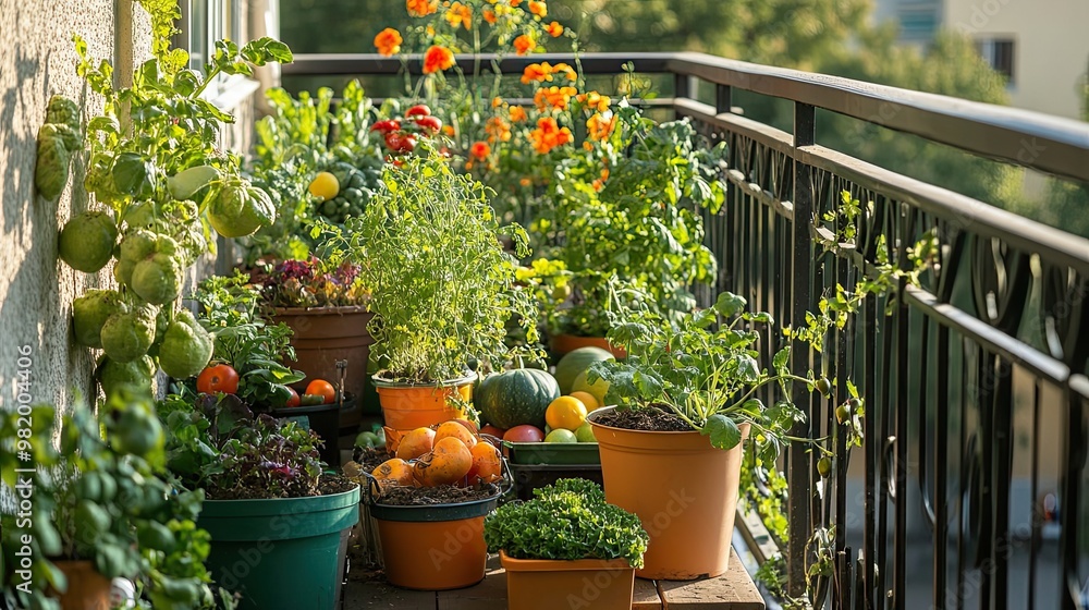 A Balcony Garden with Various Plants and Fruits A Balcony Garden with Various Plants and Fruits