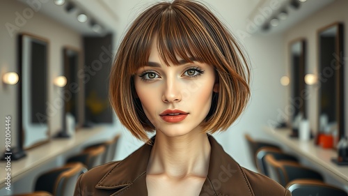 A serene aesthetic featuring a minimalist salon interior with a sleek, low-maintenance bob haircut in subtle shades of photo