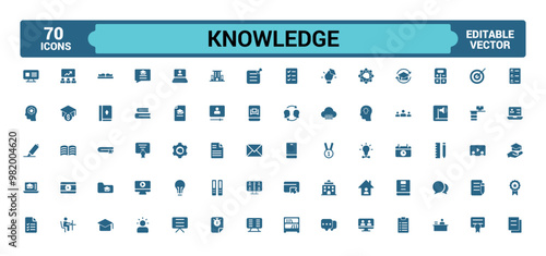 Set of related to knowledge icons. Solid icon collection. Filled icon set, glyph for web and ui. Editable solid icons set. Vector illustration.