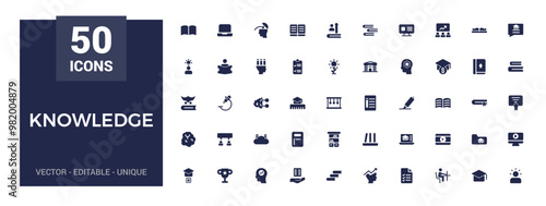 Set of related to knowledge icons. Solid icon collection. Filled icon set, glyph for web and ui. Editable solid icons set. Vector illustration.