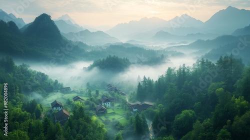 Aerial perspective of a tranquil village nestled amidst towering mountains, with early morning fog gently rolling through the valley focus on, dawn landscape, ethereal, Double exposure