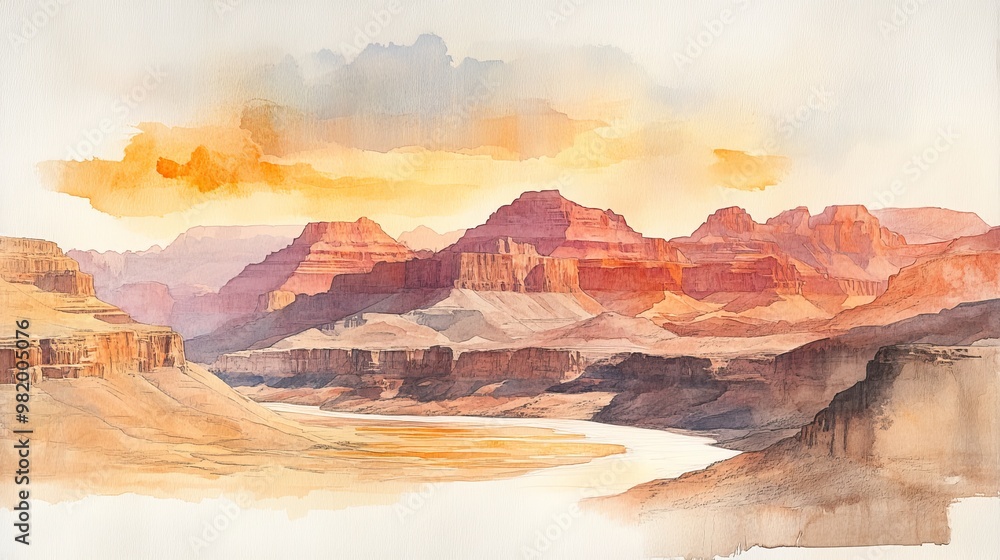 Naklejka premium The Colorado River cutting through the Grand Canyon, captured as a hand-drawn sketch, minimalistic lines, with watercolor washes of soft earth tones, Sketch, Watercolor