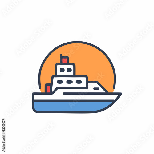 Abstract colorful ship and orange sky after sundown in the middle of sea vector art illustration icon design. Icon concept vector design